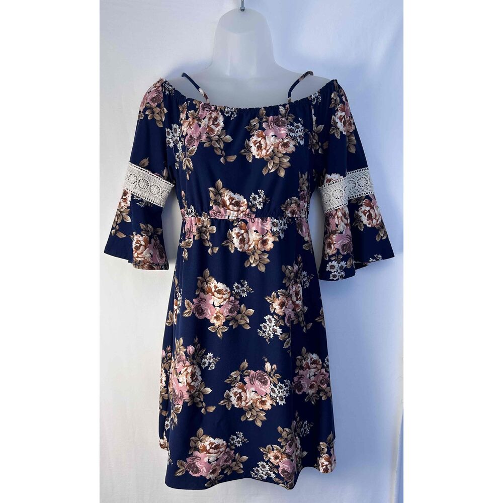 Love Delirious Maternity Navy Blue Floral Off Shoulder‎ Lace Trim Dress Small
